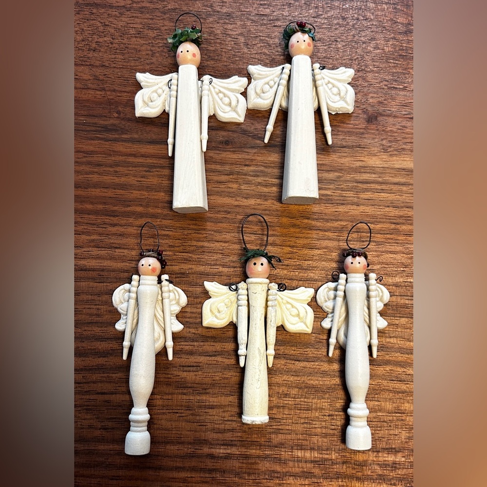5 vtg retro Wood Christmas Tree Ornaments Angels Hand Painted Christmas Holiday